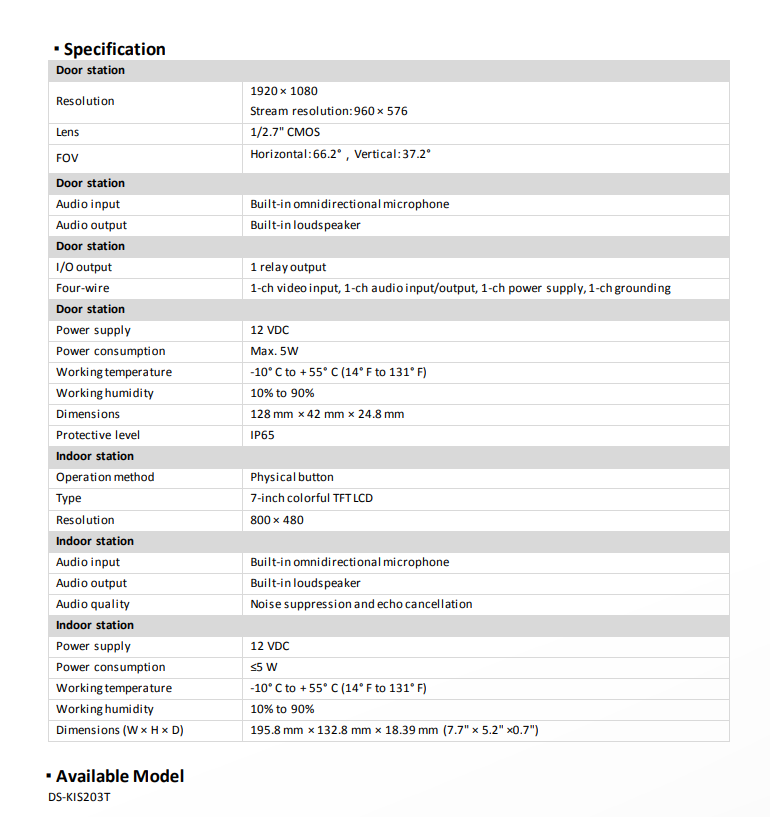 Hikvision DS-KIS203T Video Intercom Kit – Door Station + 7-Inch Indoor Monitor (1080p, IP65)